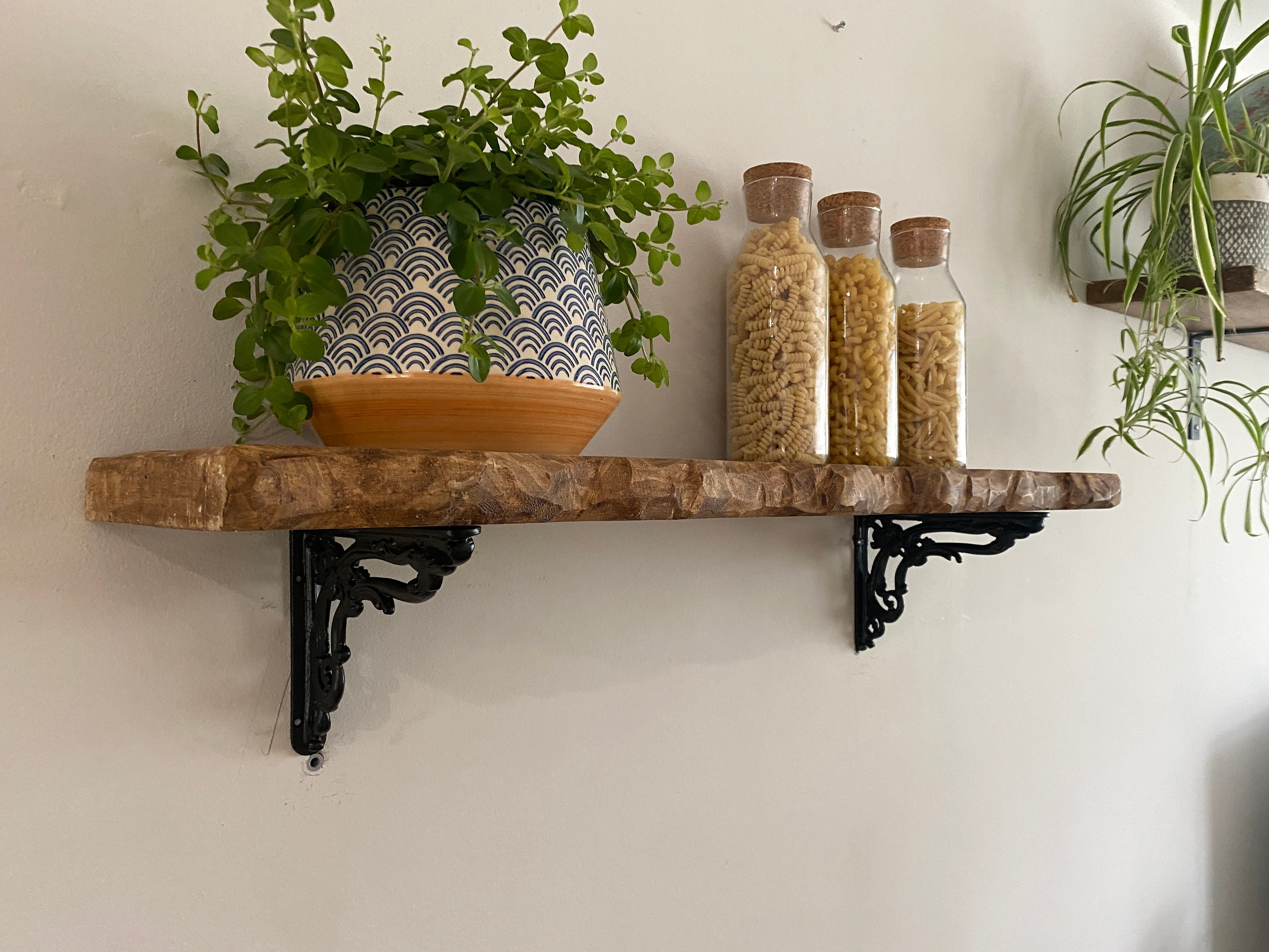 Forêt rustic live edge solid wood chunky scaffold shelves with choice of vintage brackets paddington / daisy / lattice / flower / roman