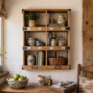 Puede incluir: Una estantería de pared rectangular de madera con seis compartimentos abiertos, cada uno etiquetado con un pequeño óvalo blanco numerado del uno al ocho. La estantería tiene detalles metálicos oscuros en las esquinas y contiene cuencos, tarros y una cesta.