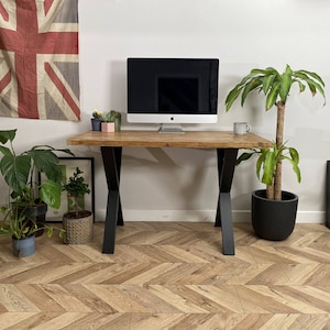 Forêt industrial rustic x shape chunky metal black leg desk table handcrafted with solid wood