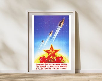 Vintage 1950s ussr russian space rocket sputnik satellite launch promotional print poster a3 & a4