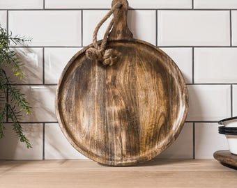 BURNT Pizza Serving Board Handcrafted Solid Wood Round Chopping Board with Hanging Rope