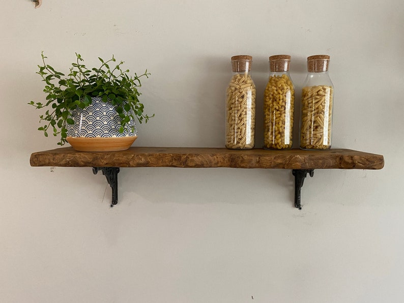 Forêt rustic live edge solid wood chunky scaffold shelves with choice of vintage brackets paddington / daisy / lattice / flower / roman image 2