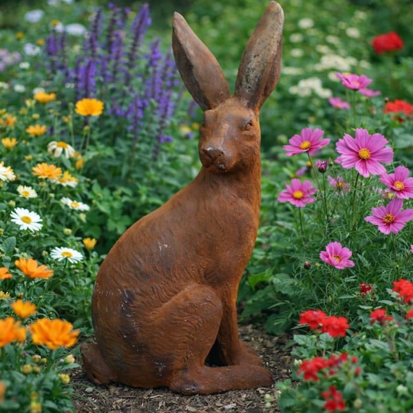 RABBIT Cast Iron Statue Reclaimed Rusty Metal Rustic Hand Forged Outdoor Garden Sculpture Ornament