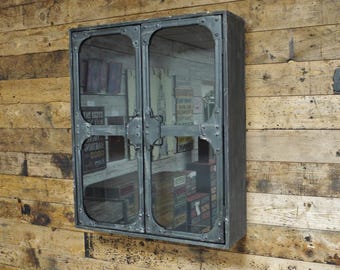 LINDAU Distressed Wood Vintage Glass Door Shelving Unit Cupboard Medicine Cabinet