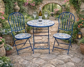 RHODES Mosaic Tile Garden Folding Bistro Table & Chairs Set Outdoor Patio Furniture Antique Blue Steel