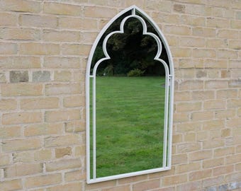 GOTHIC Arch Mirror Medium Rustic Window Pattern Industrial Hand Forged White Metal Outdoor Garden Distressed Vintage 108 x 60 cm