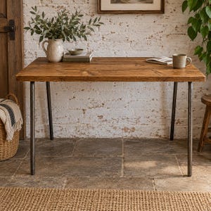 Op de afbeelding: Een rechthoekige houten tafel met een natuurlijke bruine afwerking en vier slanke, donkergrijze metalen poten. Het tafeloppervlak is glad en vertoont zichtbare houtnerven, wat een stevige basis vormt voor de voorwerpen die erop staan.