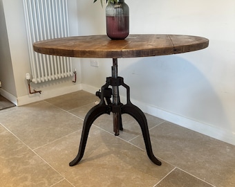 FORET Adjustable Height Crank Round Rustic Circle Solid Wood Chunky Scaffold Metal Leg Dining Pub Desk Table Handcrafted with Solid Wood