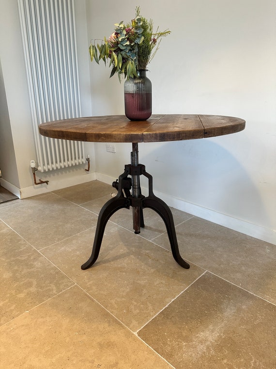 FORET Adjustable Height Crank Round Rustic Circle Solid Wood Chunky Scaffold Metal Leg Dining Pub Desk Table Handcrafted With Solid Wood Etsy UK