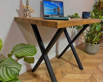 Forêt rustic solid oak wood chunky industrial rustic x square a shape chunky metal steel leg desk table handcrafted with solid wood