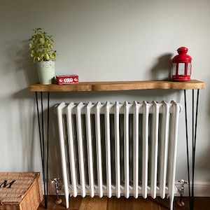 Forêt angled live edge rustic hairpin leg radiator hallway console table handcrafted with solid wood