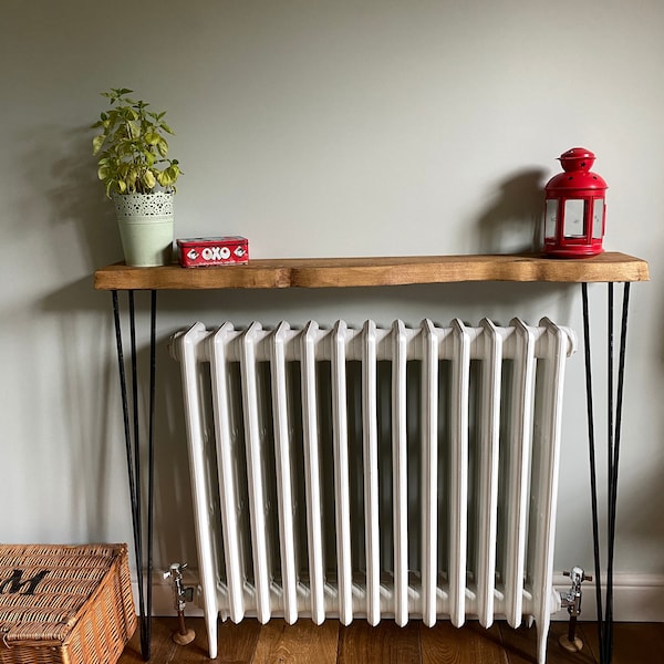 Forêt angled live edge rustic hairpin leg radiator hallway console table handcrafted with solid wood