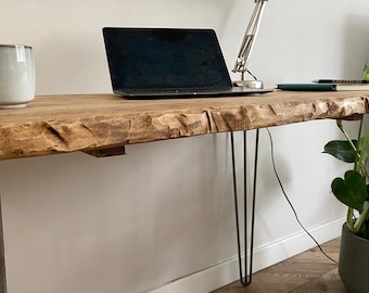 FORÊT Live Edge Mesa de escritorio industrial rústica con patas de horquilla hecha a mano con madera maciza