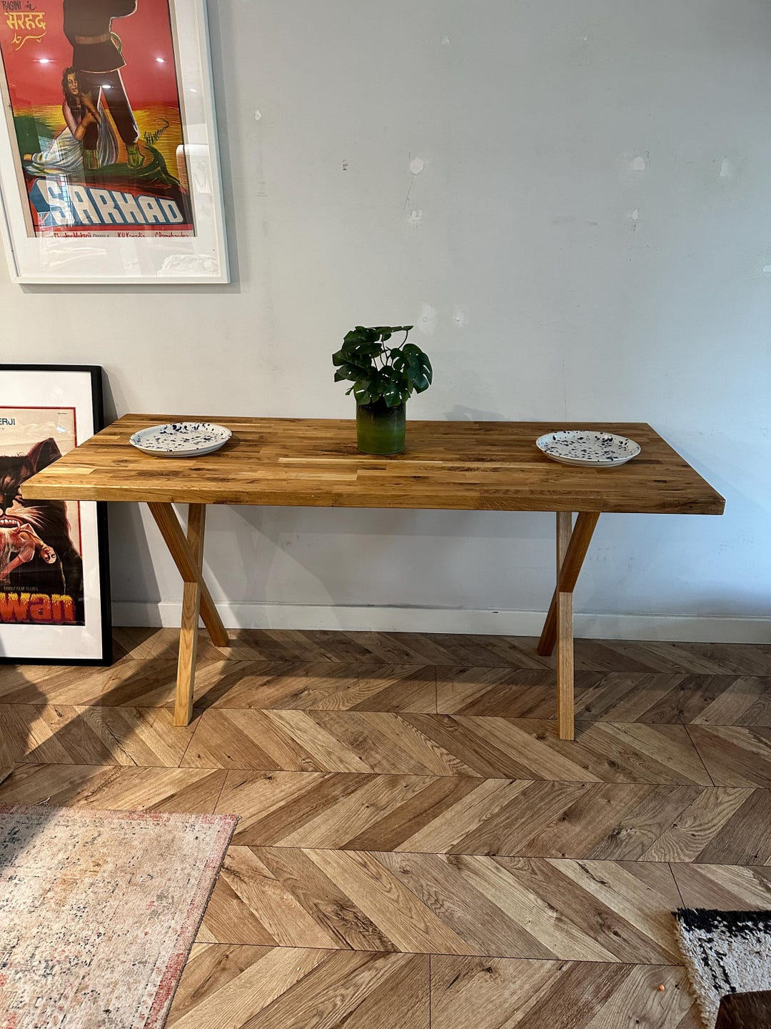 FORET Solid Oak Straight Edge Rustic Wood X Leg Dining Table Desk ...