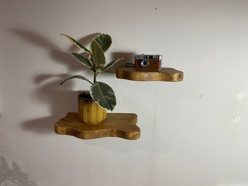 FORET Small Rustic Flower Live Edge Solid Wood Chunky Scaffold Floating Hidden Bracket Shelves image 6