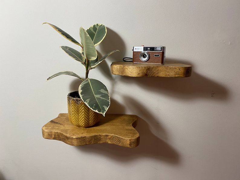 FORET Small Rustic Flower Live Edge Solid Wood Chunky Scaffold Floating Hidden Bracket Shelves image 1