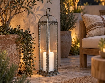 JAZAN Tall Candle Lantern Antique Gold Metal Large Standing Candle Holder