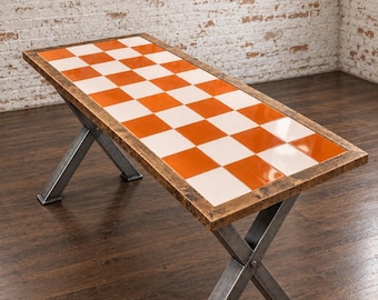 CHECKERS Tile Table Top Art Deco Solid Wood Checkerboard Pattern Ceramic
