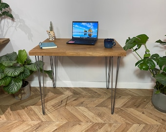Forêt rustic solid oak wood chunky industrial rustic hairpin leg desk table handcrafted with solid wood