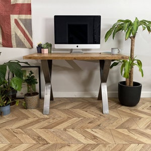Forêt industrial rustic x shape chunky metal steel leg desk table handcrafted with solid wood