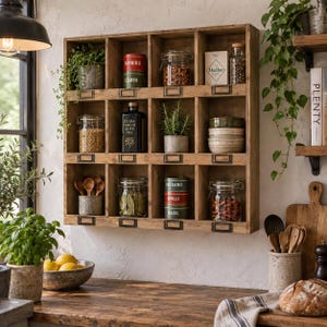 May include: A wooden wall-mounted storage unit with twelve square compartments, each featuring a small metal label holder. The shelves contain various glass jars, spice tins labeled Paprika, Cumin, Oregano, Chilli, and Basil, and ceramic bowls.