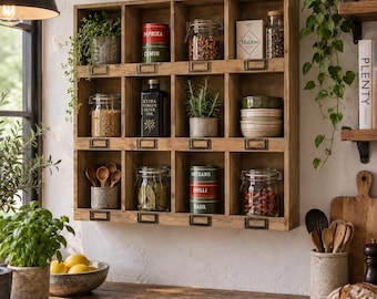 ASSEN Rustic Vintage Pigeonhole Wall Storage Unit Grid Square Organisation Apothecary Shelf Compartment Rack Kitchen Herb Spice Display Box