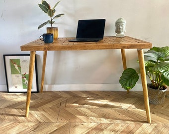 Forêt rustic parquet herringbone chevron patterned wood chunky industrial rustic straight pin leg desk table handcrafted with solid wood