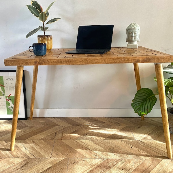 Forêt rustic parquet herringbone chevron patterned wood chunky industrial rustic straight pin leg desk table handcrafted with solid wood