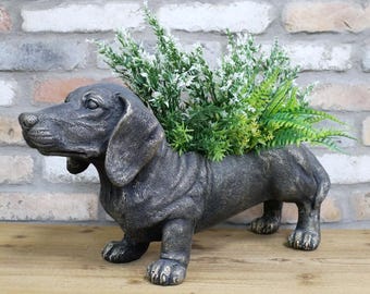 Maceta FORÉT con forma de perro salchicha, de acero fundido, hecha a mano, de hierro, rústica, industrial, independiente, para jardín, pub