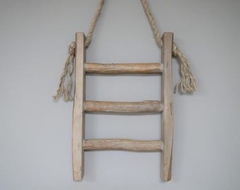 LADDER Small Rustic Whitewash Reclaimed Wood Wall Ladder Rope Hung
