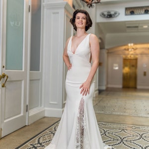 Modern wedding dress, stretch charmeuse or stretch crepe minimalist wedding dress, affordable grace wedding dress, low cowl wedding gown