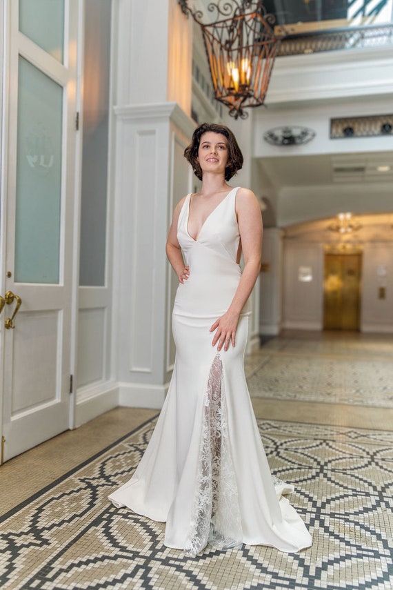 Minimalist Wedding Dress: Stretch Crepe Cowl Gown With Lace - Etsy
