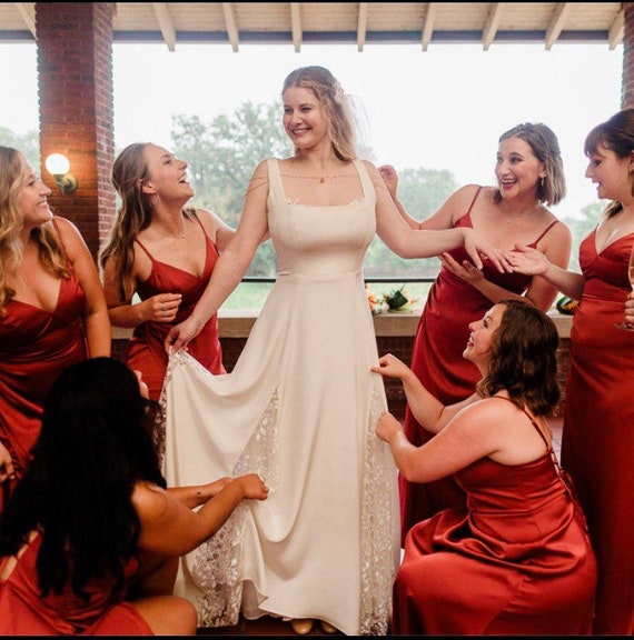 Simple Crepe Wedding Dress With Lace Detail and Train. Boho