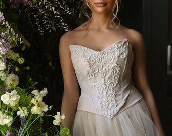 Basque Waist Strapless Wedding Dress A-line Corset Satin Wedding Dress  Draped Silk Wedding Dress Illusion Mesh Sides Wedding Dress PENELOPE - Etsy