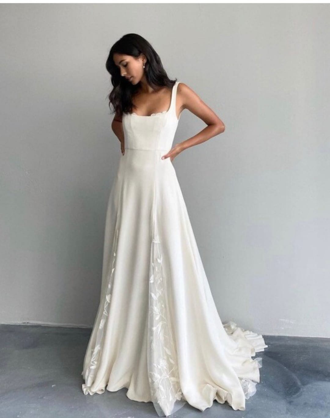 BAU by Bride And You★LENNON SQUARE NECK JACQUARD LONG DRESS Organza and Satin Square Neck A-line Wedding Dress