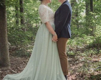 Lace and chiffon Wedding Dress separates, trending alencon lace  detail top  and tulle skirt, made to order locally, vintage dress