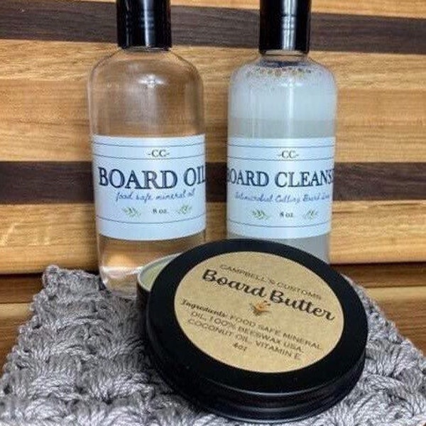 Cutting Board Care Kit, Mineral Oil, Cleanser, Board Butter, Campbells Customs