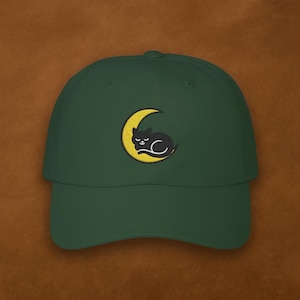 Moon Cat Embroidered Hat – Celestial Crescent Cat Dad Cap – Night Sky Aesthetic Gift for Cat Lovers – Unisex Embroidery Baseball Hat