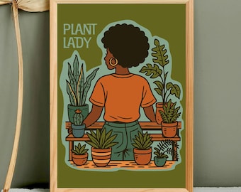 Poster da parete con donna nera e amante delle piante, arte per amanti delle piante, regalo afrocentrico