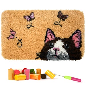 Latch Hook Kits Rug Making Kits DIY for Kids/Adults with Printed Canvas Pattern 24" X 16" Cat and Butterfly