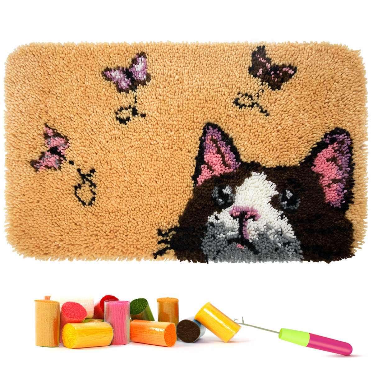 Latch Hook Rug Kits for Adults Kids DIY Rug Crochet Yarn Kits Tapestry Kits Butterfly Rug Making Kits with Printed Canvas Carpet Needlework Doormat