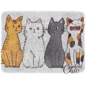 May include: A rectangular rug with four cartoon cats. The cats are orange, white, grey, and calico. The rug has a grey background and a textured appearance. The word "Chic" is in the bottom right corner. The rug is likely made of wool.