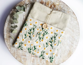 Cute Embroidered Book Sleeve, Kindle Sleeve, Book Pouch, Padded Book Sleeve with Pocket, Daisy