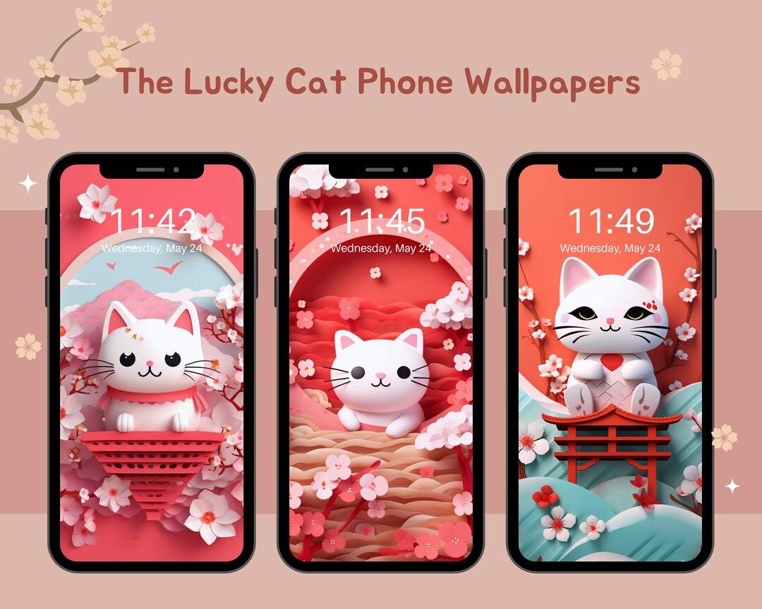 The Lucky Cat Phone Wallpapers Set of 3 Phone Background Etsy