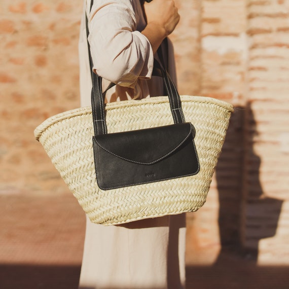Loewe Large Logo Raffia Basket Bag With Leather Trim in Natural
