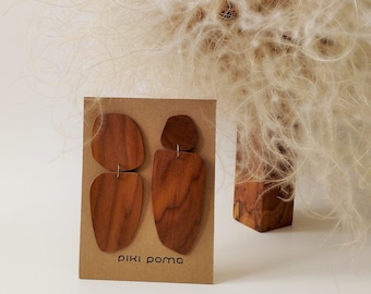 Asymmetrical Walnut Wood Earrings BASOA / Oversized Dangle Earrings / Handmade Wood Jewelry /