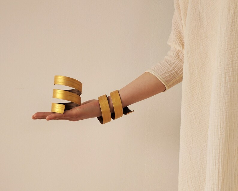 Gold Painted Wood Bracelet ANUANUA / Coiled Bangle Bracelet /Spiral Wooden Bracelet / Handmade Natural Jewelry / image 8
