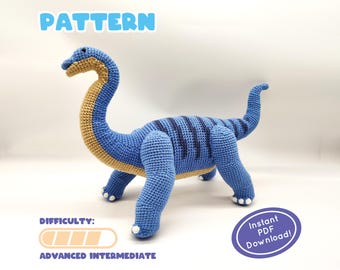 PATRÓN / Peluche de crochet Brontosaurio / Desafío de técnica de curvado única / Proyecto divertido para amantes de los dinosaurios / ¡Incluye una página con datos divertidos!