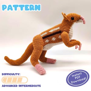 Op de afbeelding: Een gehaakt, bruin en wit wezen met een lange snuit, roze voeten en een lange staart. Het woord "PATTERN" staat bovenaan in lichtblauw. De moeilijkheidsgraad is "ADVANCED INTERMEDIATE". Een blauwe ovaal zegt "Instant PDF Download!"