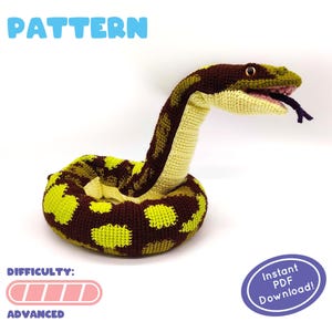 Könnte beinhalten: Häkelanleitung für eine Amigurumi-Schlange mit braunen und gelben Schuppen. Das Muster ist mit "Fortgeschritten" in der Schwierigkeit gekennzeichnet. Der Text "Sofortiger PDF-Download!" ist ebenfalls sichtbar.